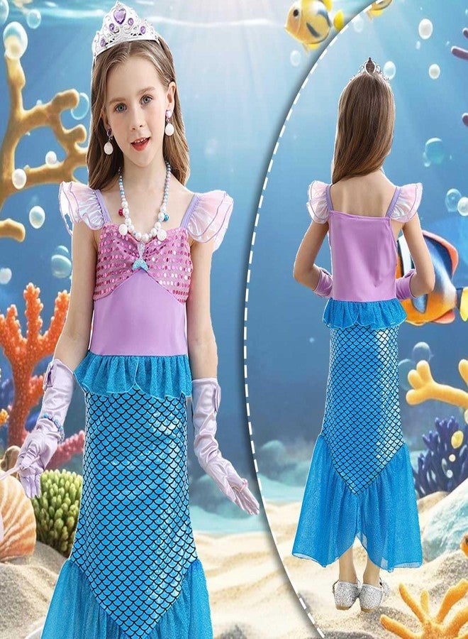 Luzlen Little Girls Mermaid Princess Costume Party Dress for Toddler Kids Baby Halloween Cosplay Dress Up with Accessories, Blue, 7-8 Years(Tag 150) - Image 3